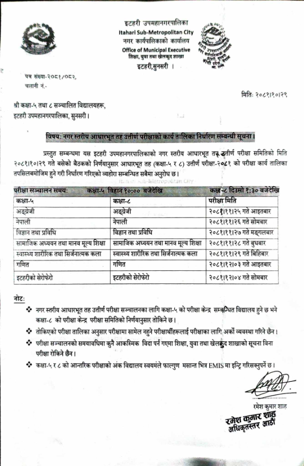बार्षिक परीक्षा २०८१ तालिका कक्षा ५ र ८